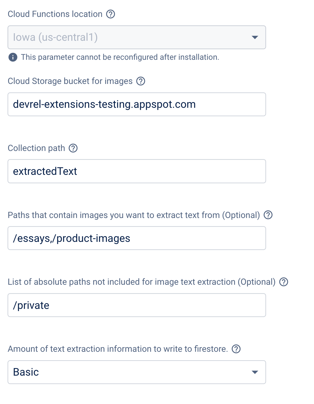 Extract Image Text Extension params