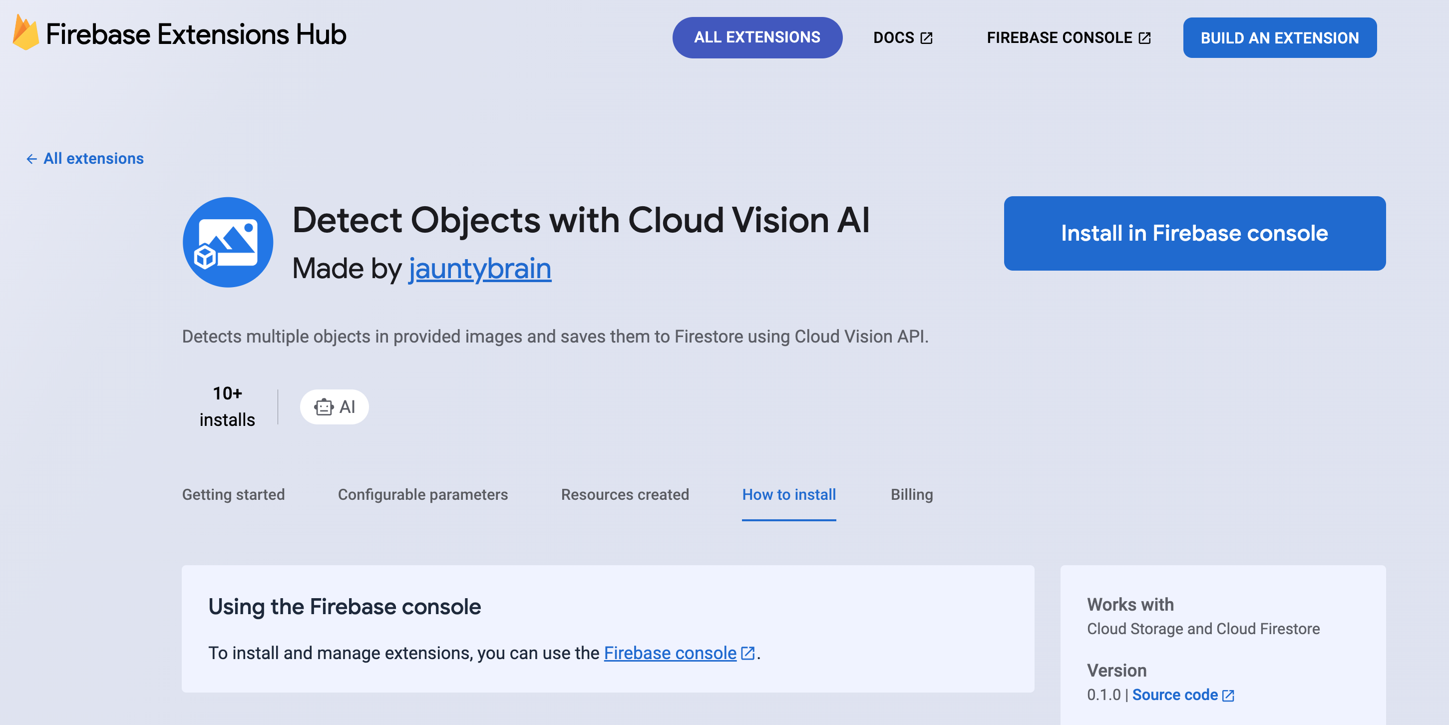 Firebase Cloud Vision AI extension page showing Install via Firebase Console